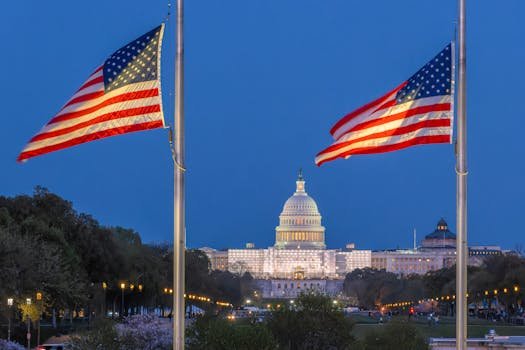 # Love and Health: The Social Impacts of Romance on American Government. Dramatic evening view of the U.S. Capitol with American flags in Washington, D.C.