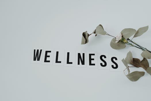 25 Simple Health and Wellness Tips for 2025 2 Minimalist image of the word 'wellness' with eucalyptus branch, creating a serene vibe on white background.