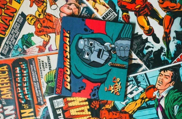 "Avengers: Doomsday and Love—How the Greatest Battles Are Fought with the Heart".Collection of colorful vintage comic book covers showcasing famous heroes and villains.